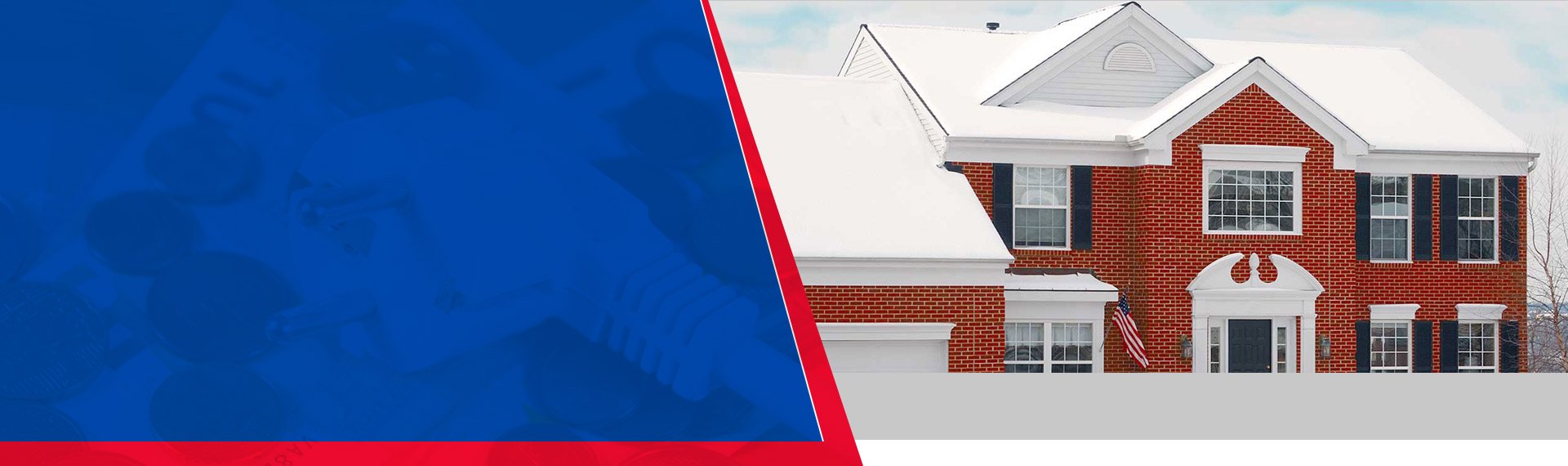Home with snow-covered roof and American flag, symbolizing energy efficiency and savings on electric bills, relevant to HVAC services by Precision Heating and Cooling.