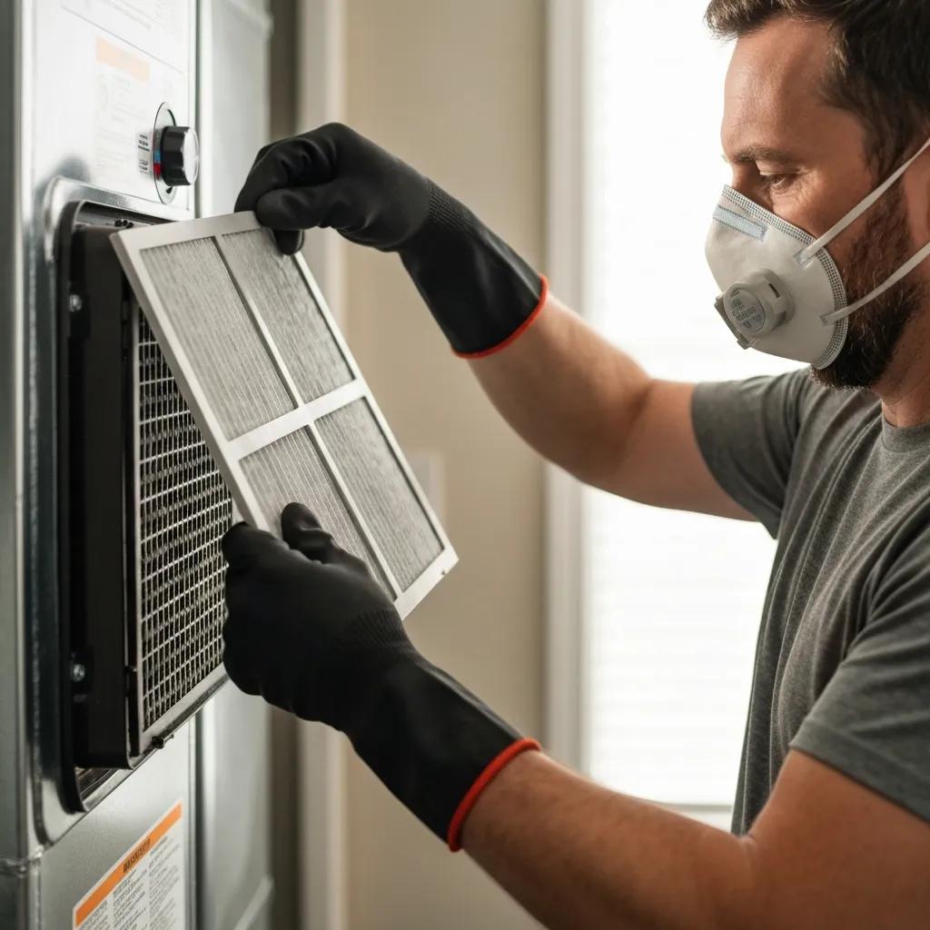 Homeowner replacing a furnace filter with safety in mind
