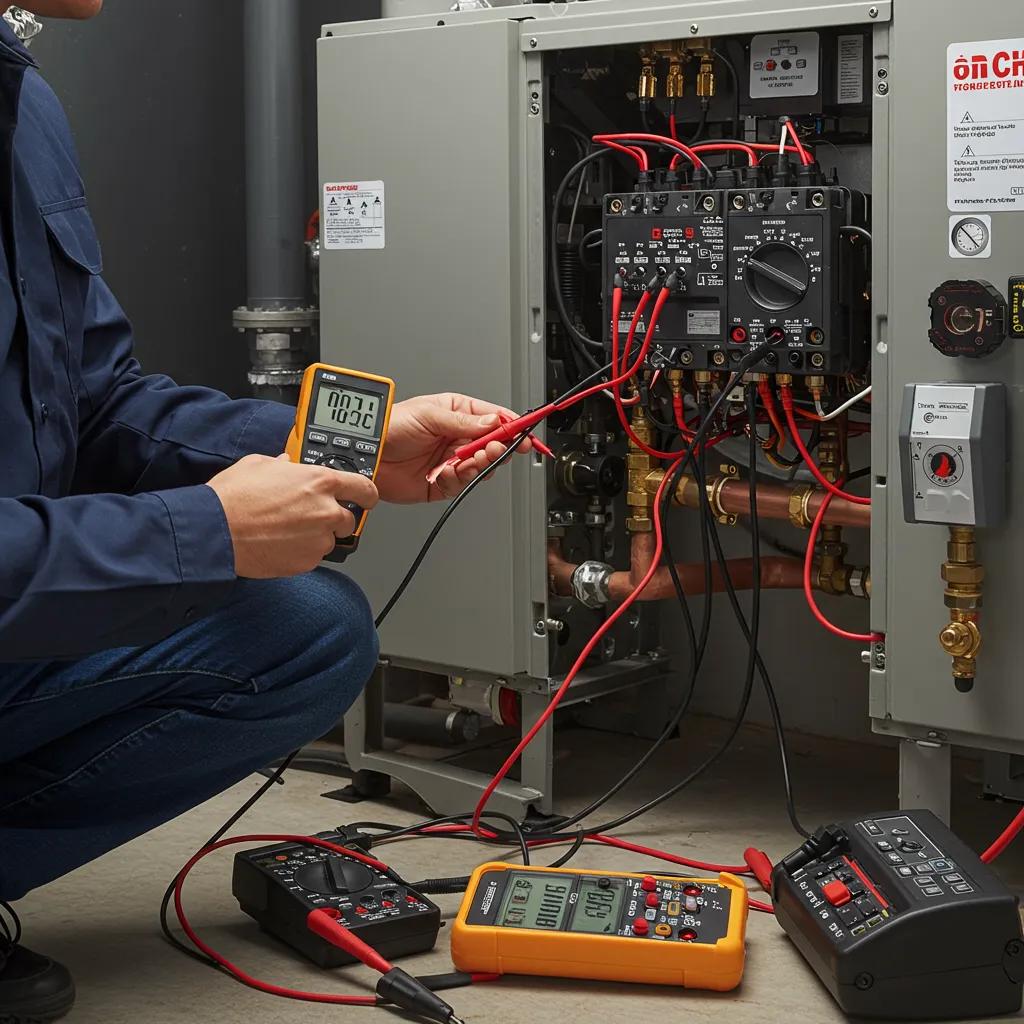 Technician performing diagnostics on a geothermal heat pump system with tools