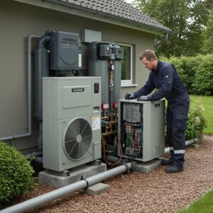 Technician servicing a geothermal heat pump system in a residential setting