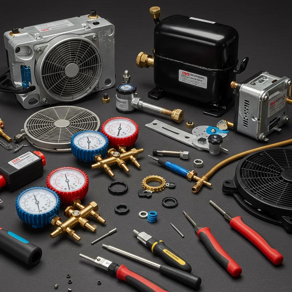 Various geothermal repair components and tools displayed on a workbench