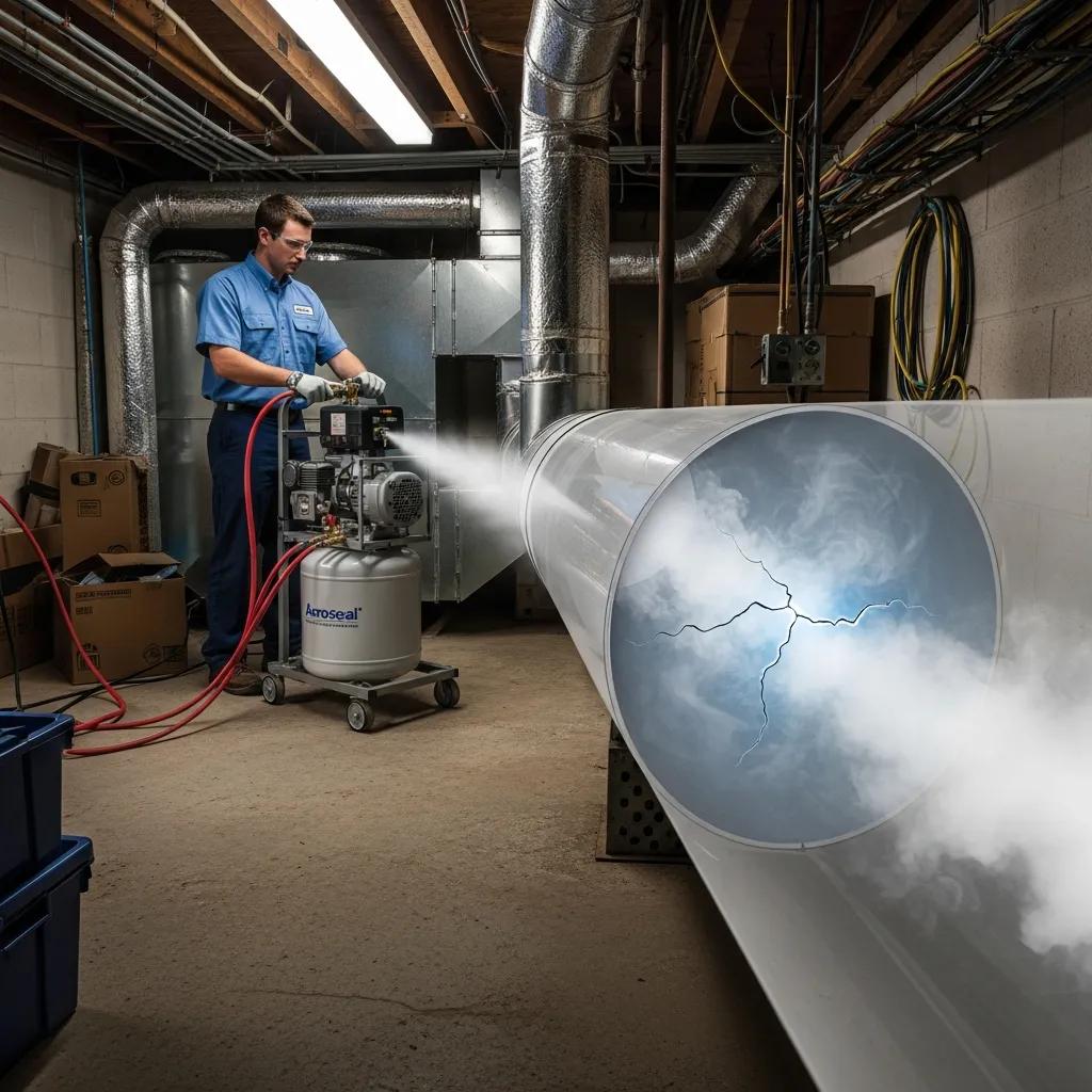 Technician applying Aeroseal technology to seal duct leaks inside a home