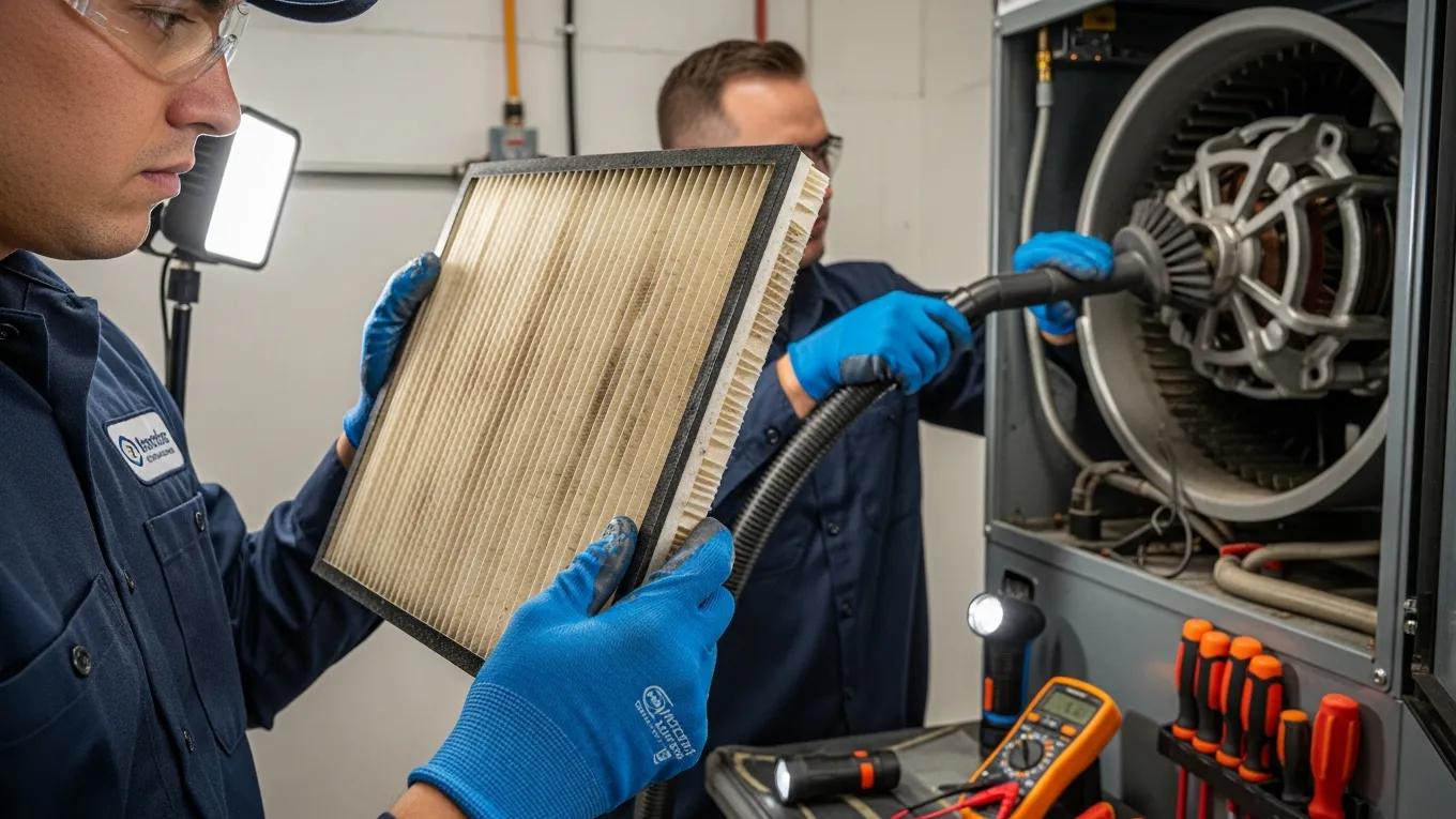 Technician inspecting HVAC filter and blower during maintenance