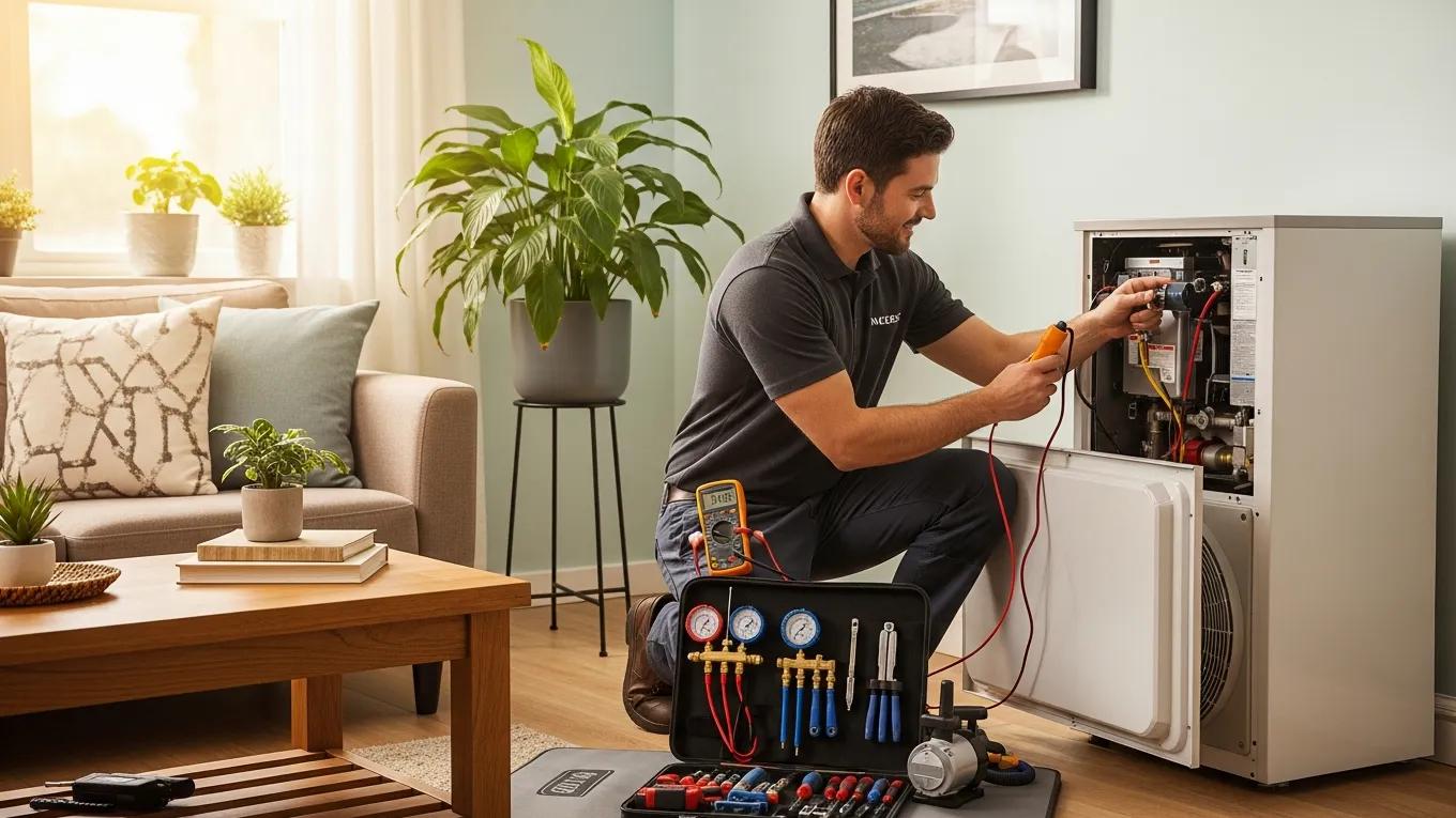 Technician performing HVAC tune-up in a cozy home environment