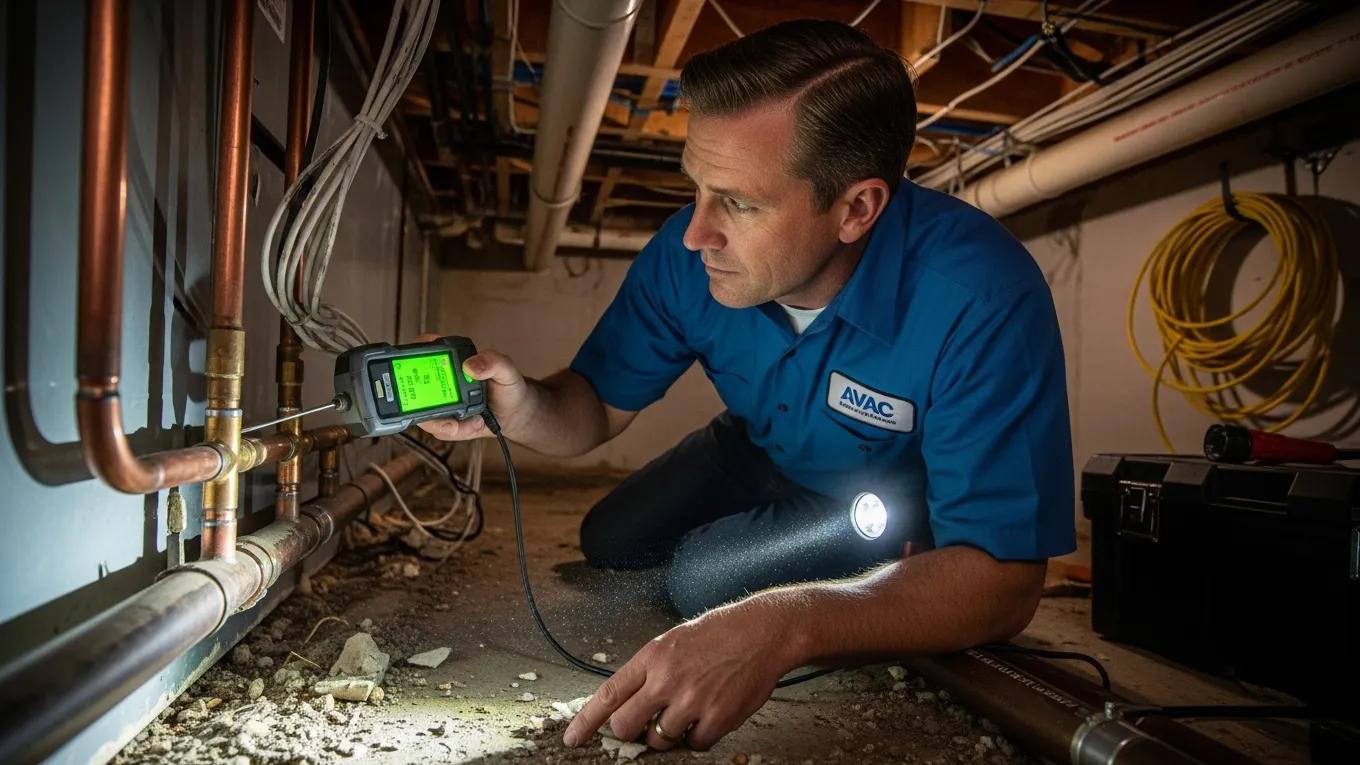 HVAC technician using an electronic leak detector to identify refrigerant leaks in a home