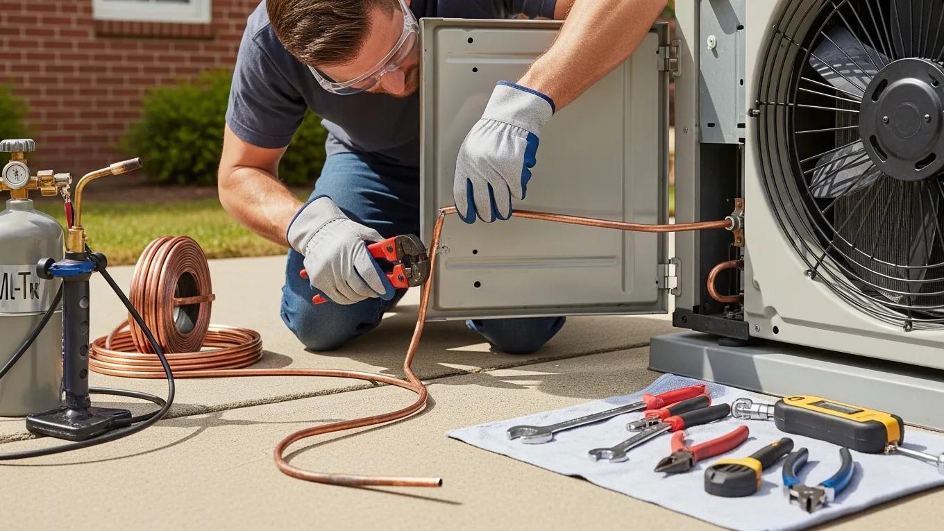 Technician repairing an AC refrigerant leak by replacing a refrigerant line