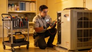 Professional technician performing HVAC maintenance in a residential setting