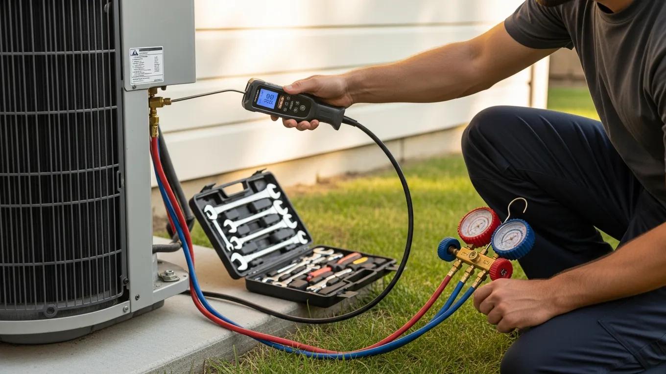 Technician inspecting an air conditioning unit for refrigerant leaks with specialized tools