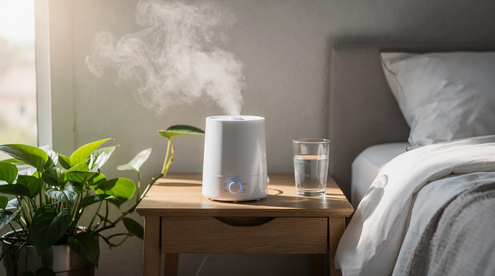 A humidifier releases water vapor to increase the moisture levels in a room.; A humidifier